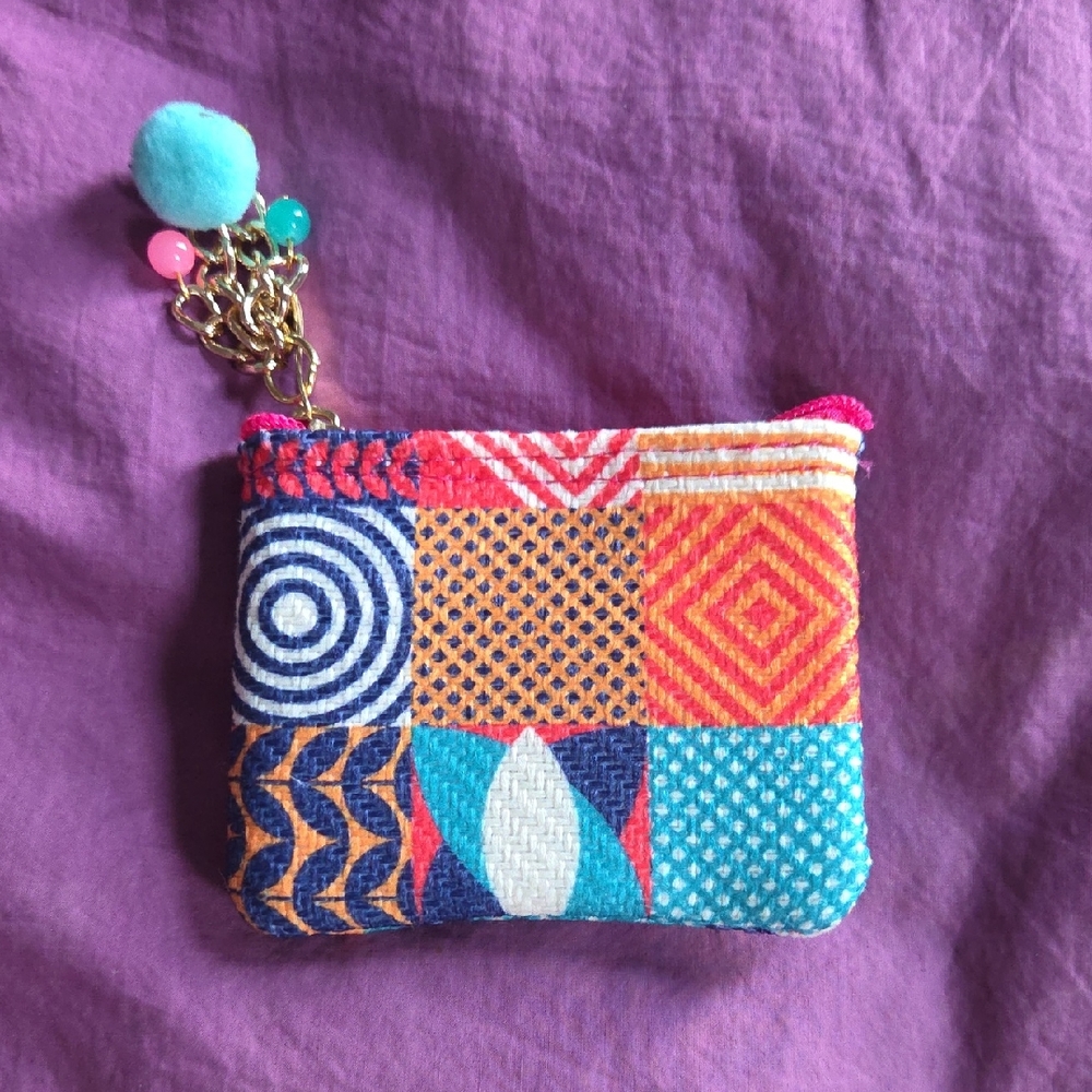 Handmade Bright Colorful Cosmetics Mini Bag From Mexico w Pom Pom Beaded Zip NWT